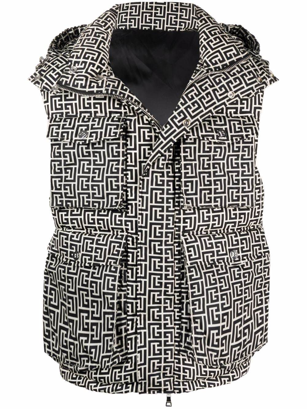 BALMAIN Monogram-pattern padded sleeveless jacket - MAISONDEFASHION.COM