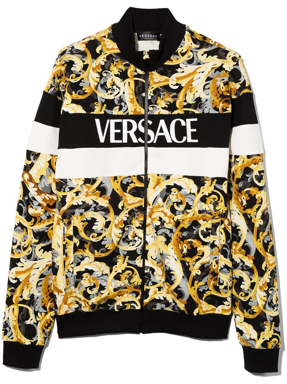 VERSACE KIDS Barocco print zipped jacket Black Gold MAISONDEFASHION.COM