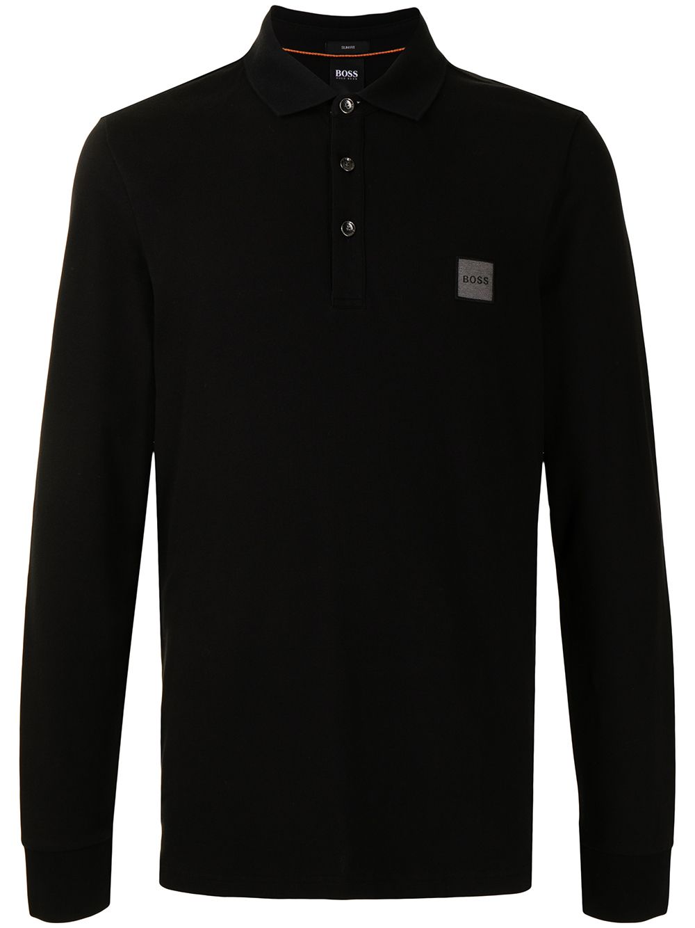 BOSS Logo Patch Long Sleeve Polo Shirt Black - MAISONDEFASHION.COM