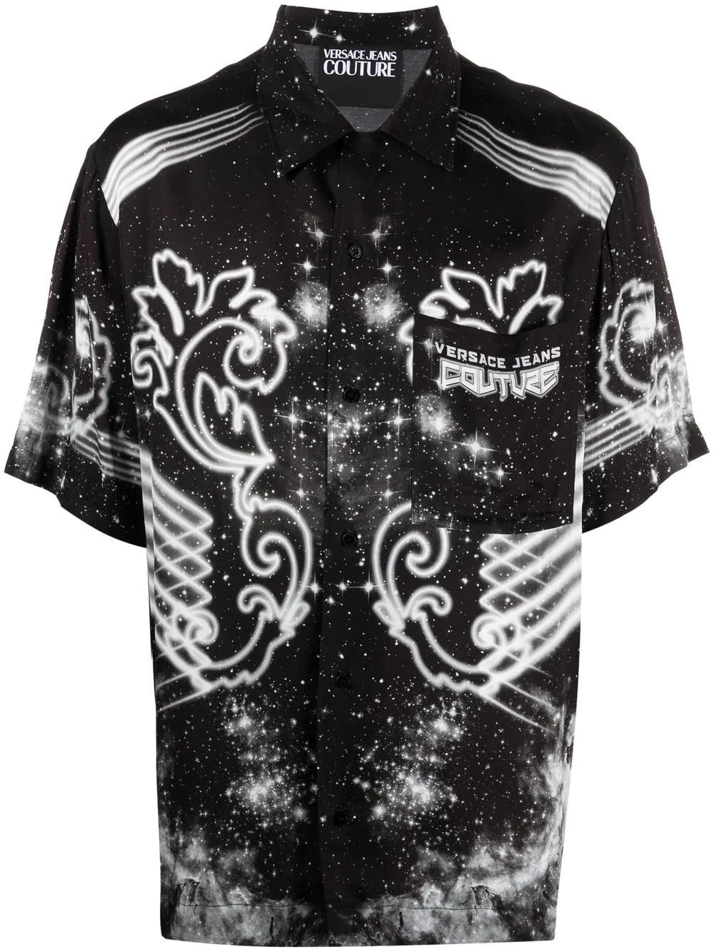 VERSACE Galaxy Print Logo Short Sleeve Shirt Black/White - MAISONDEFASHION.COM