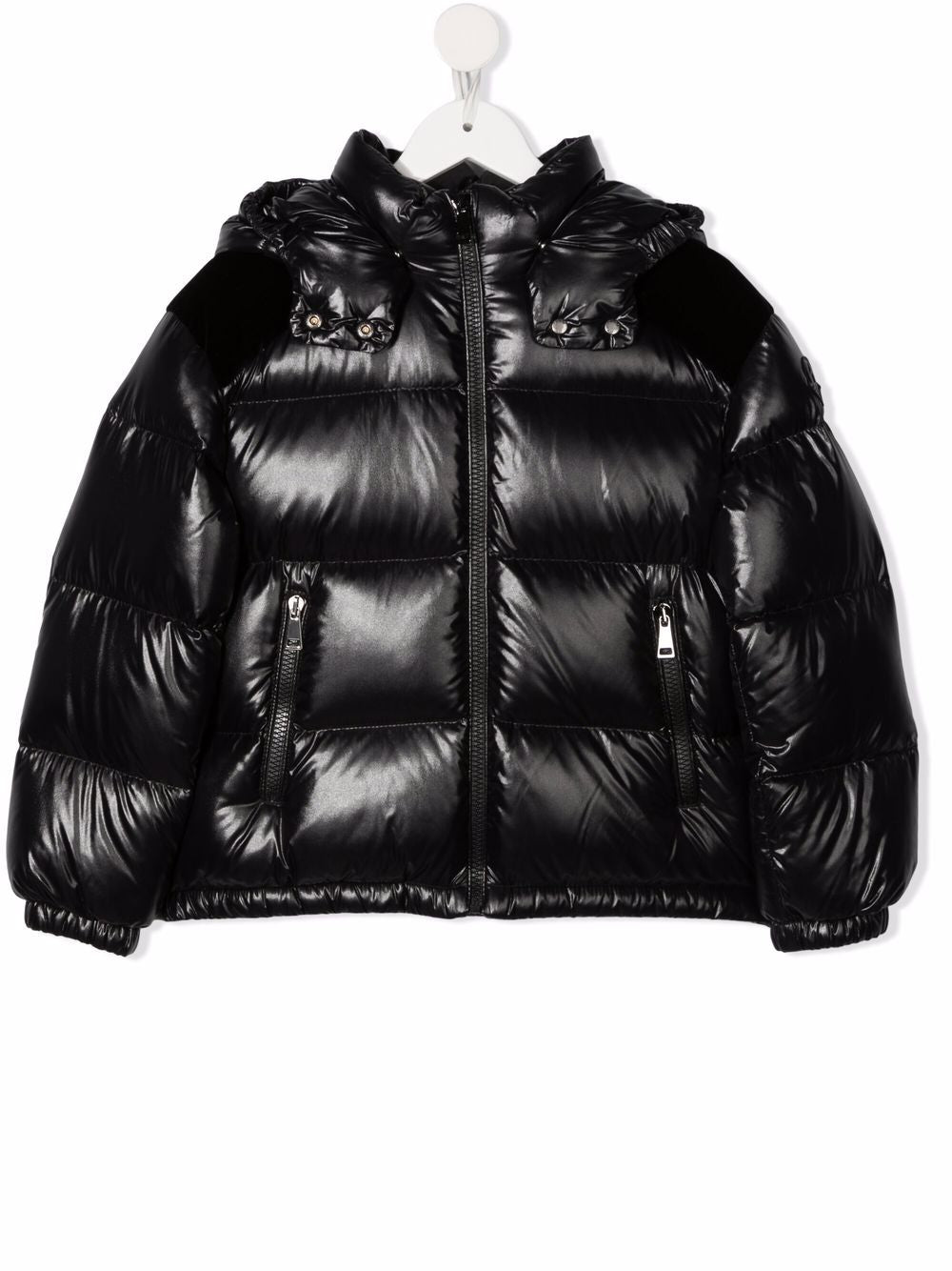 MONCLER KIDS Metallic logo print puffer jacket Black – MAISONDEFASHION.COM