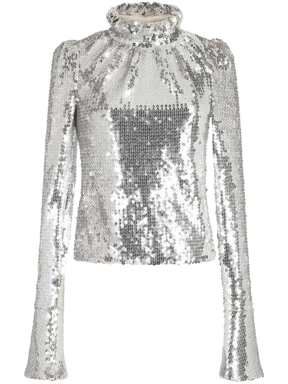 PACO RABANNE Frill Neck Sequin Long Sleeve Top Silver - MAISONDEFASHION.COM