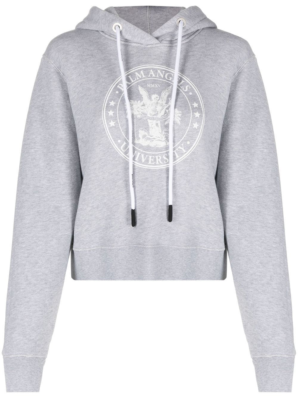 PALM ANGELS WOMEN College Fitted Hoody Melange Grey - MAISONDEFASHION.COM