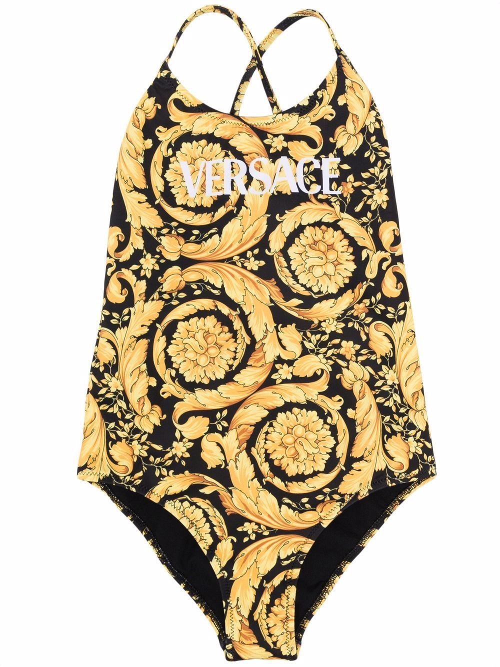 VERSACE KIDS Barroco-print logo swimsuit Gold/Black - MAISONDEFASHION.COM