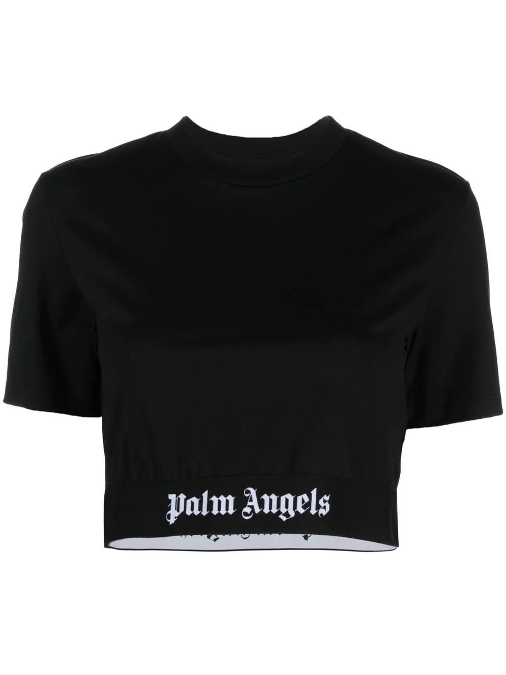 PALM ANGELS WOMEN Logo Tape Cropped Tee Black/White - MAISONDEFASHION.COM