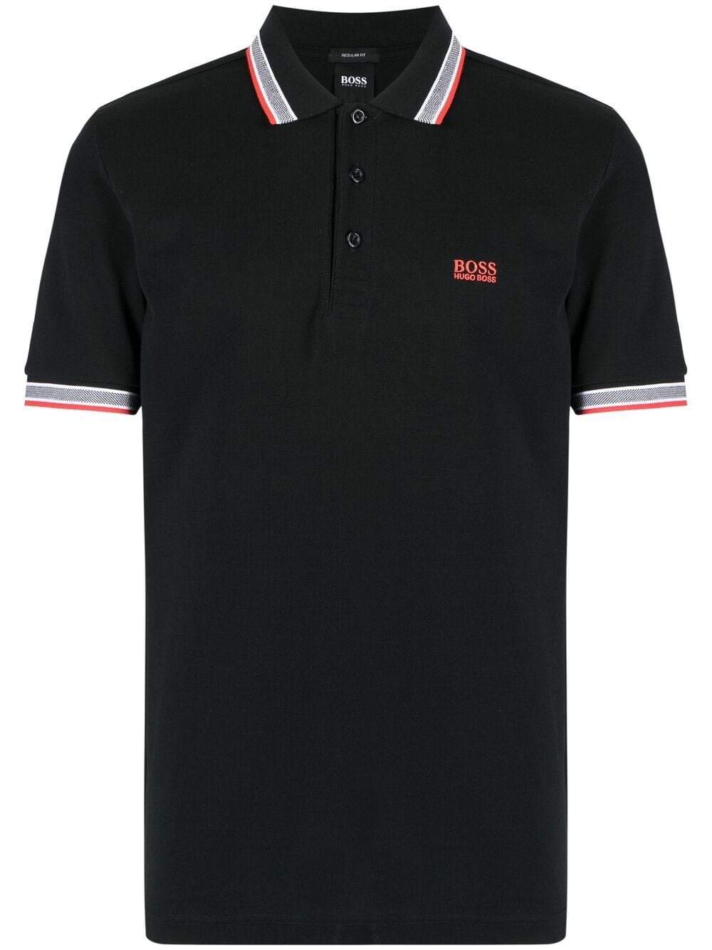 BOSS Logo Striped Trim Polo Shirt Black - MAISONDEFASHION.COM