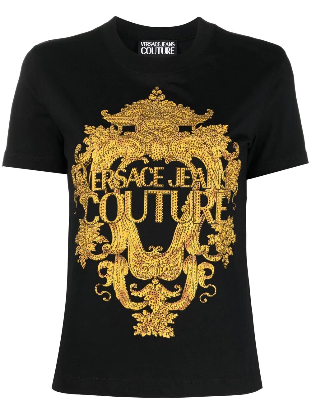 VERSACE WOMEN Baroque Crystal Logo T-Shirt Black - MAISONDEFASHION.COM