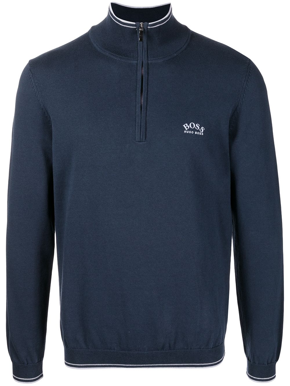 BOSS Zip Neck Logo Sweater Navy - MAISONDEFASHION.COM