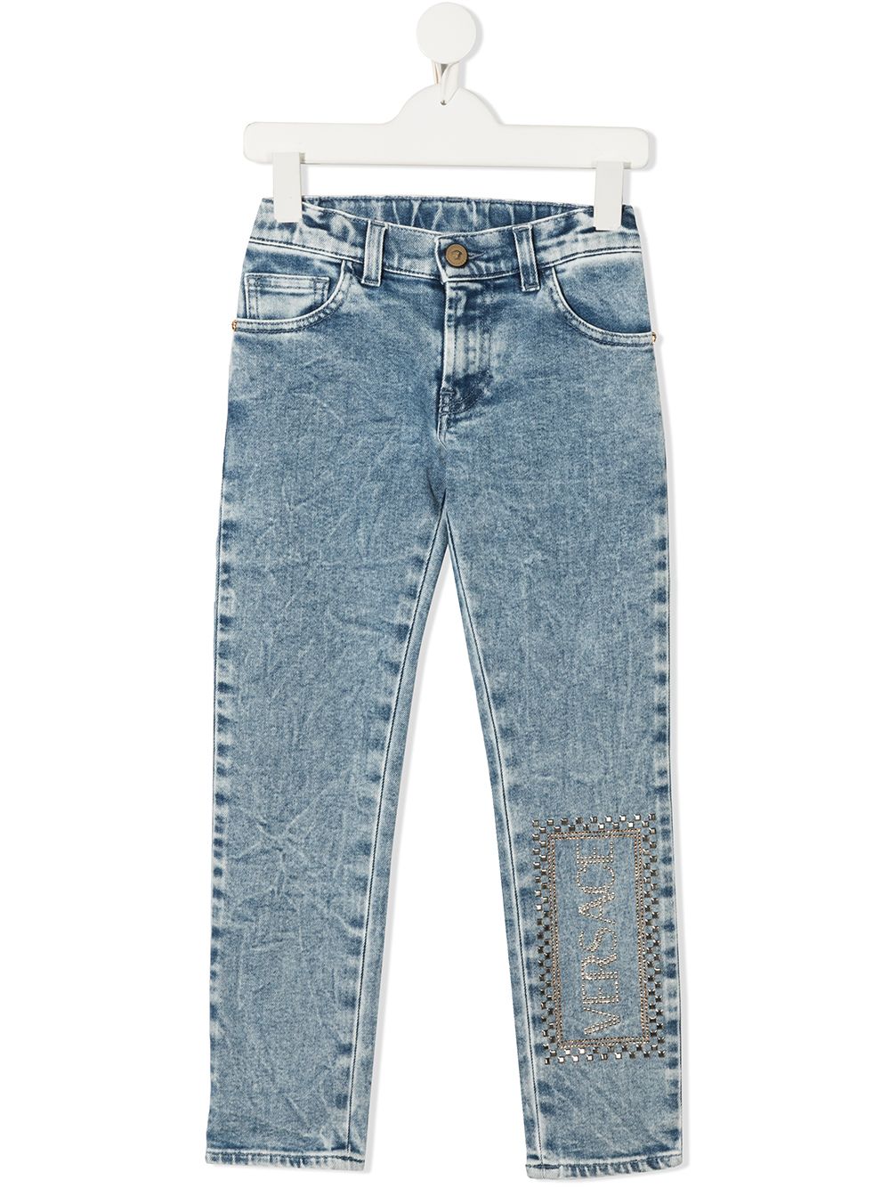 VERSACE KIDS Rhinestone Logo Denim Jeans Blue - Maison De Fashion 