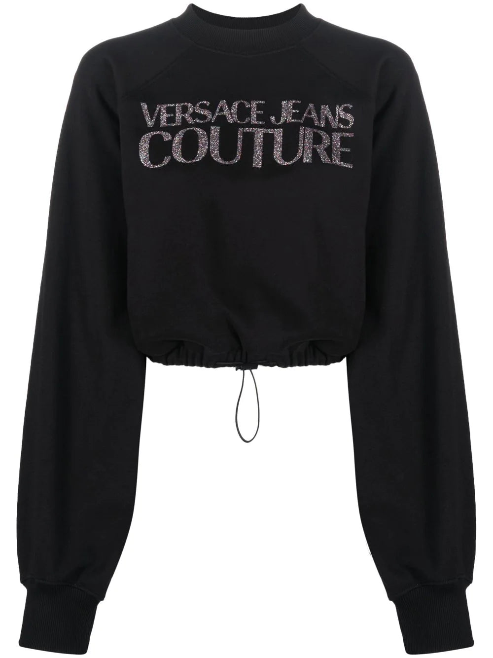 VERSACE WOMEN Logo Glitter Print Cropped Sweatshirt Black - MAISONDEFASHION.COM