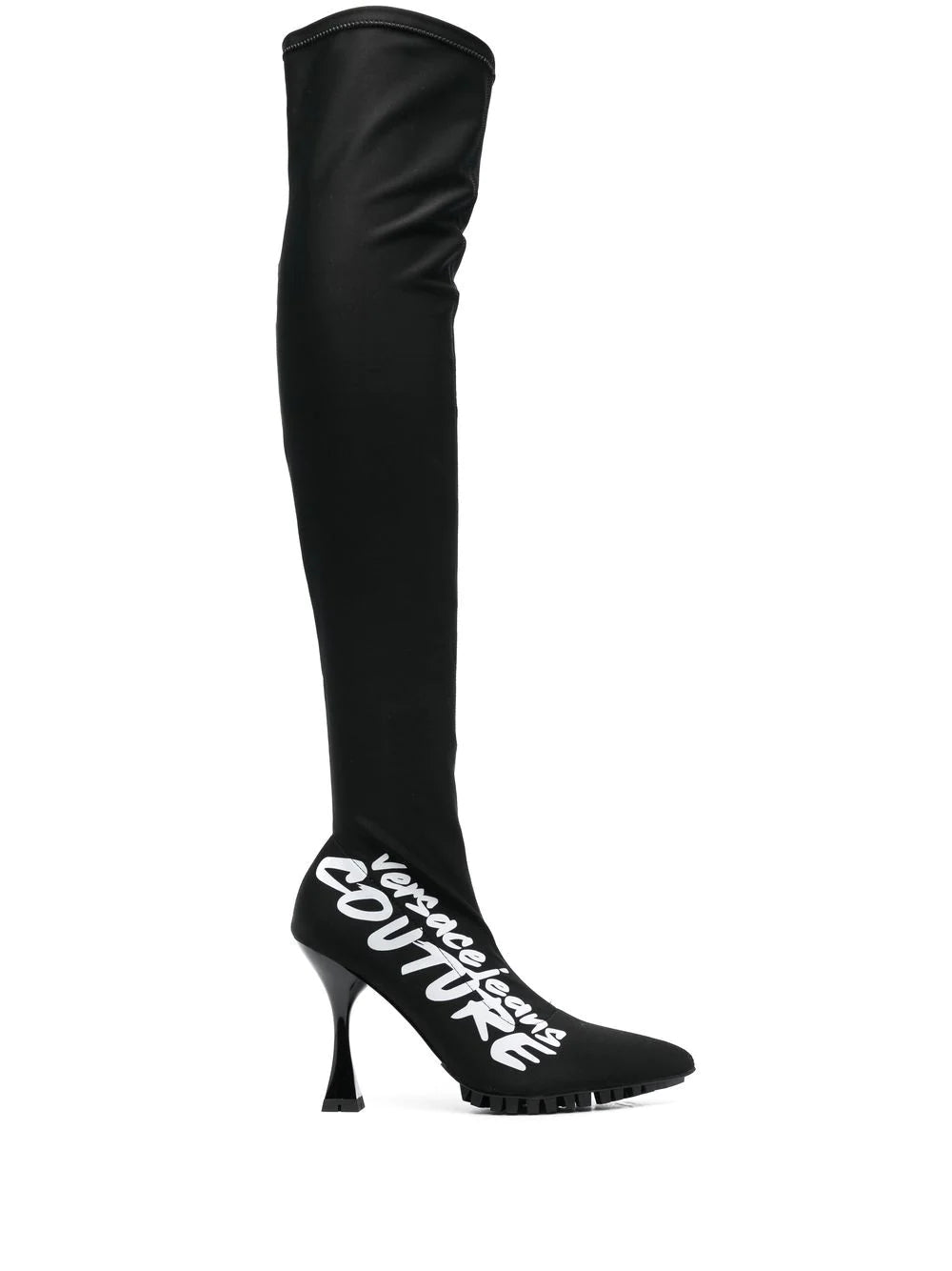 VERSACE WOMEN Logo Print Thigh Heeled Boots Black - MAISONDEFASHION.COM