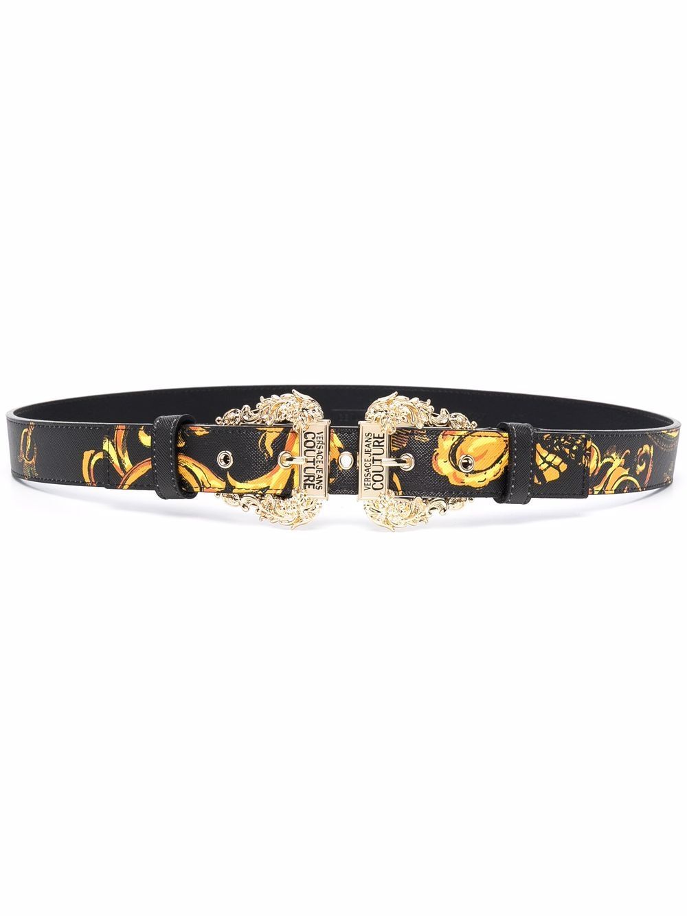VERSACE WOMEN Baroque logo-engraved leather belt Black/Gold - MAISONDEFASHION.COM