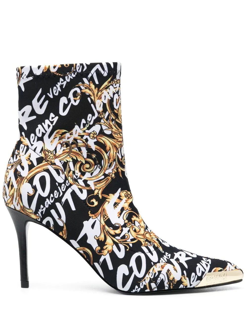 VERSACE WOMEN Baroque Print Heeled Boots Black/Gold - MAISONDEFASHION.COM