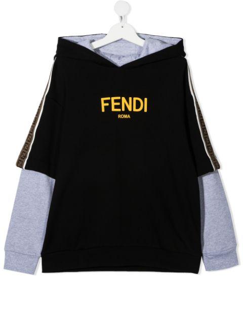 FENDI KIDS Logo print layered-effect hoodie Black - MAISONDEFASHION.COM