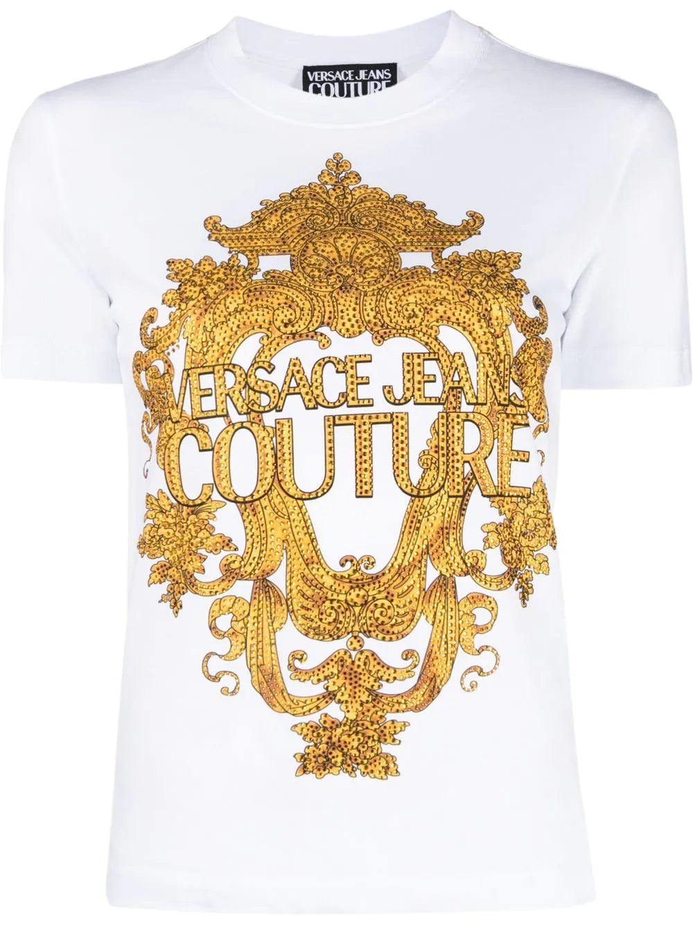 VERSACE WOMEN Baroque Crystal Logo T-Shirt White - MAISONDEFASHION.COM