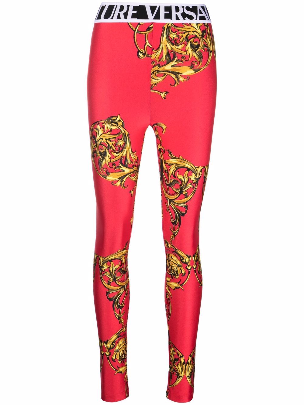 VERSACE WOMEN Baroque Print Logo Waistband Leggings Red - MAISONDEFASHION.COM