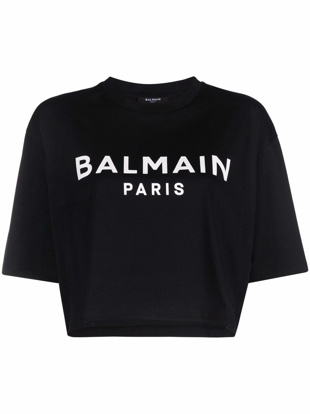 BALMAIN WOMEN Cropped Balmain Print T-Shirt Black - MAISONDEFASHION.COM