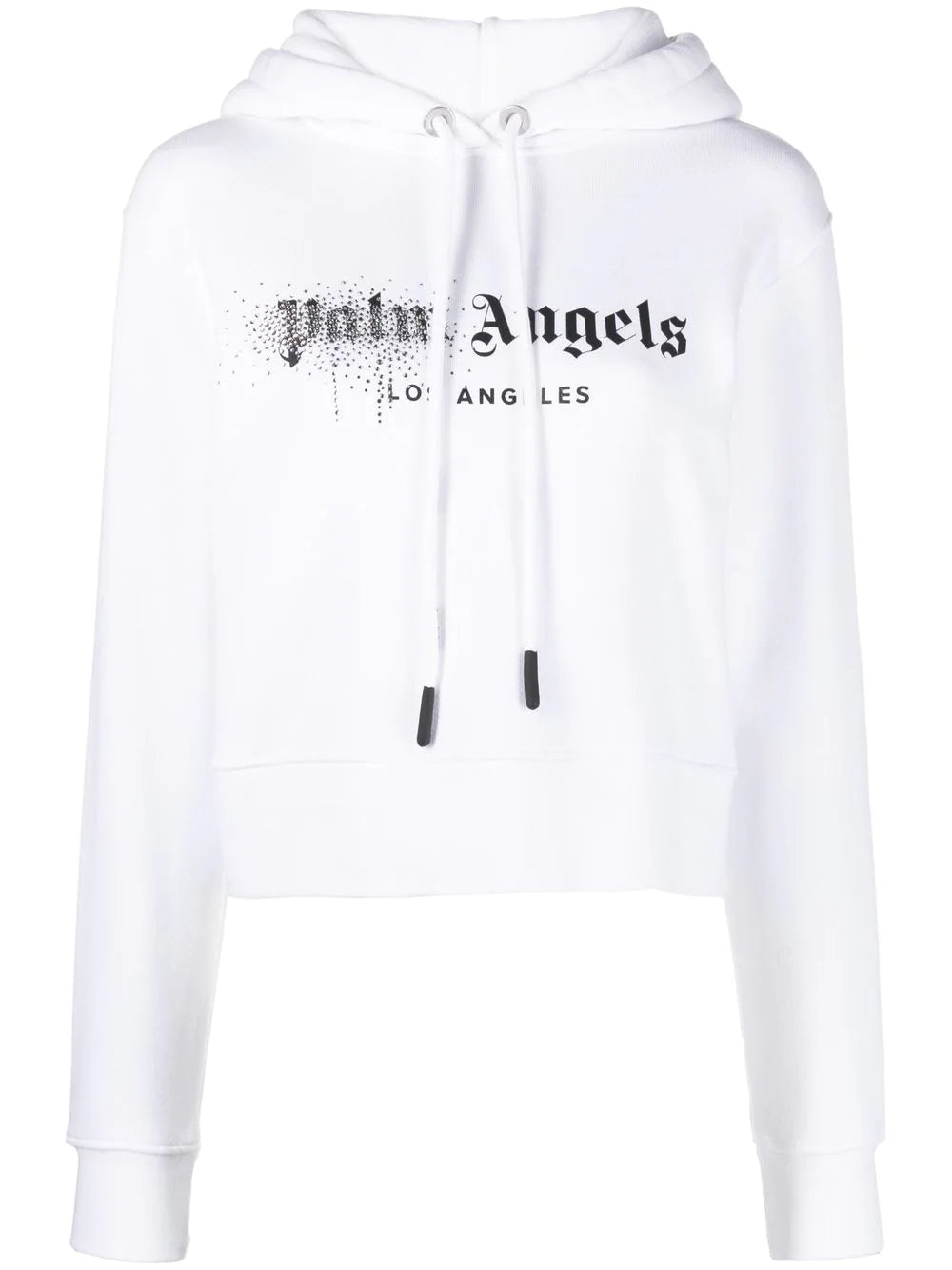 PALM ANGELS WOMEN Rhinestone Spray Logo Hoodie White/Black - MAISONDEFASHION.COM