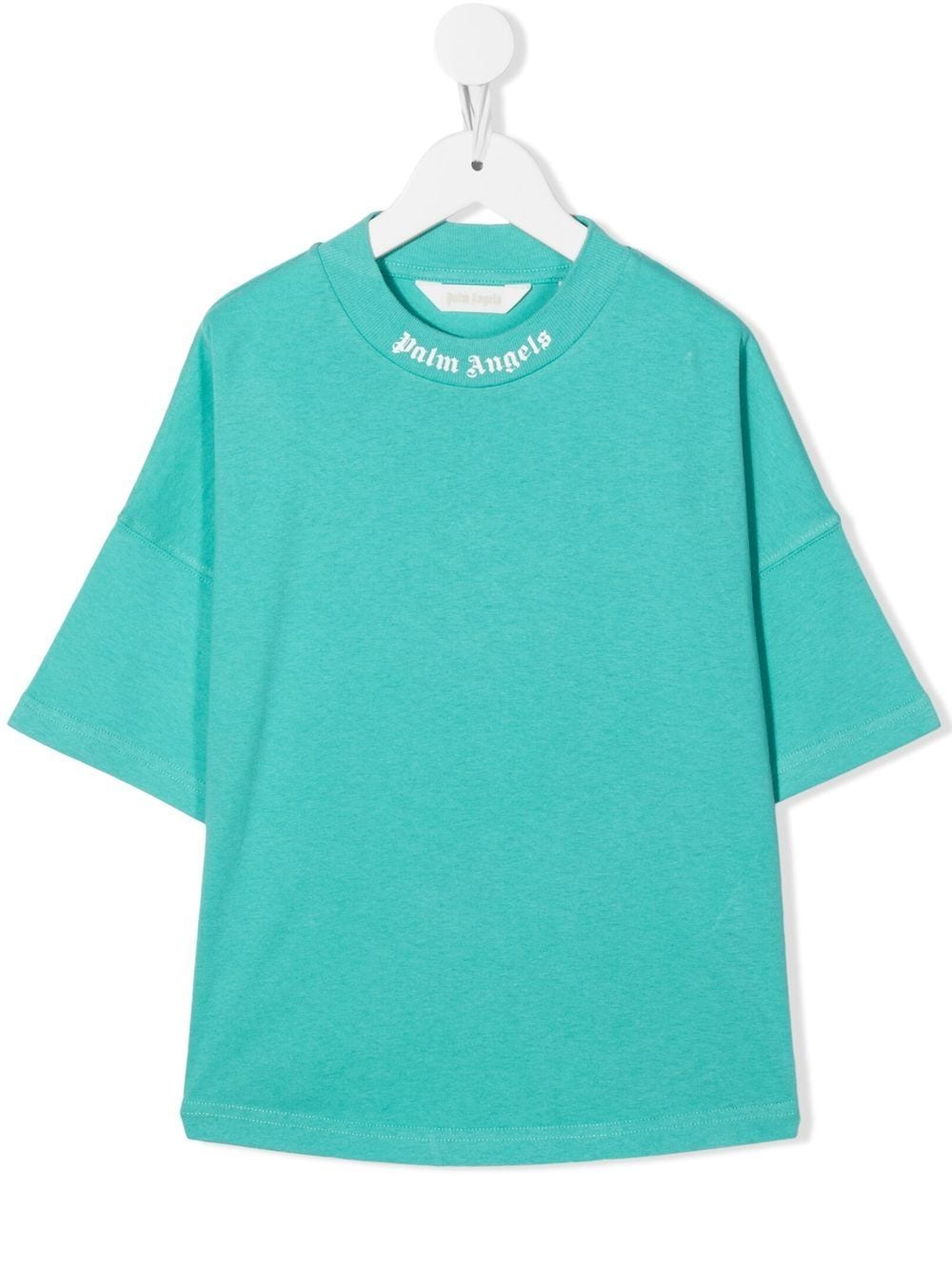 PALM ANGELS KIDS Logo Over T-Shirt Turquoise/White - MAISONDEFASHION.COM