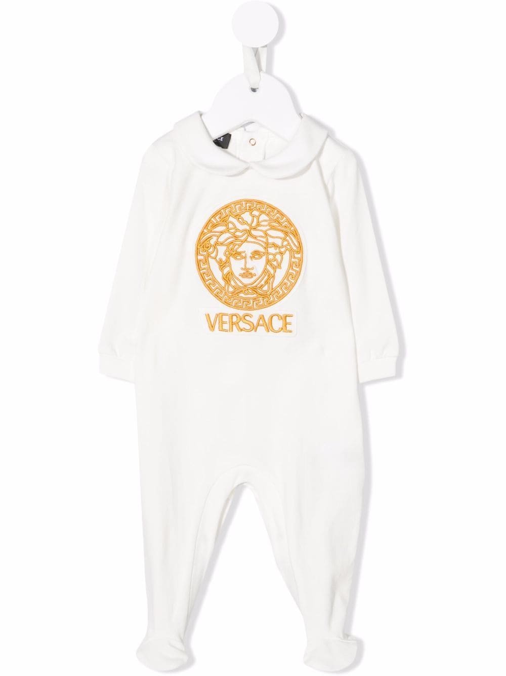 VERSACE BABY Logo Embroidered Babygrow White/Gold - MAISONDEFASHION.COM