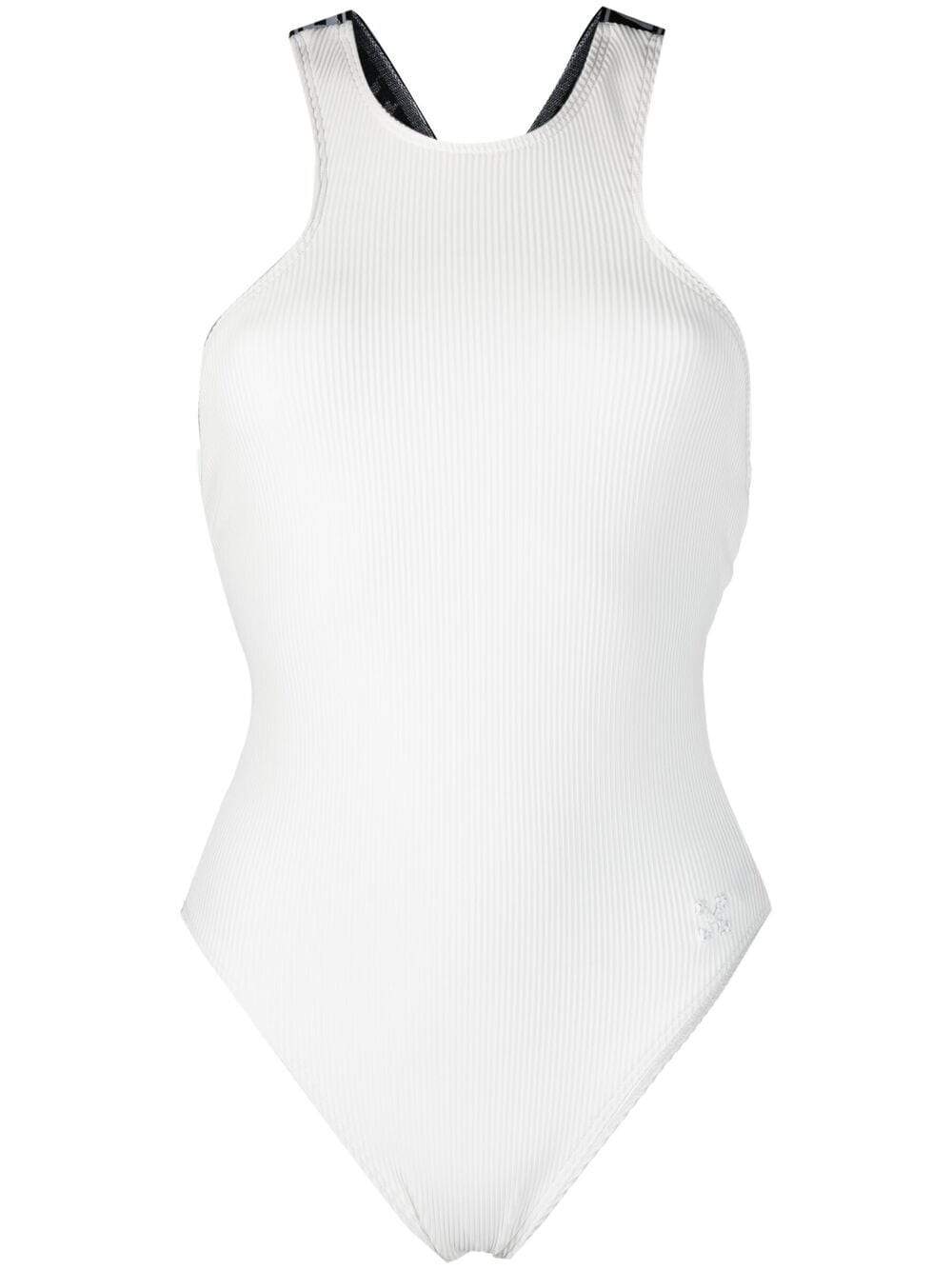 OFF-WHITE WOMEN Logo straps ribbed swimsuit White - MAISONDEFASHION.COM
