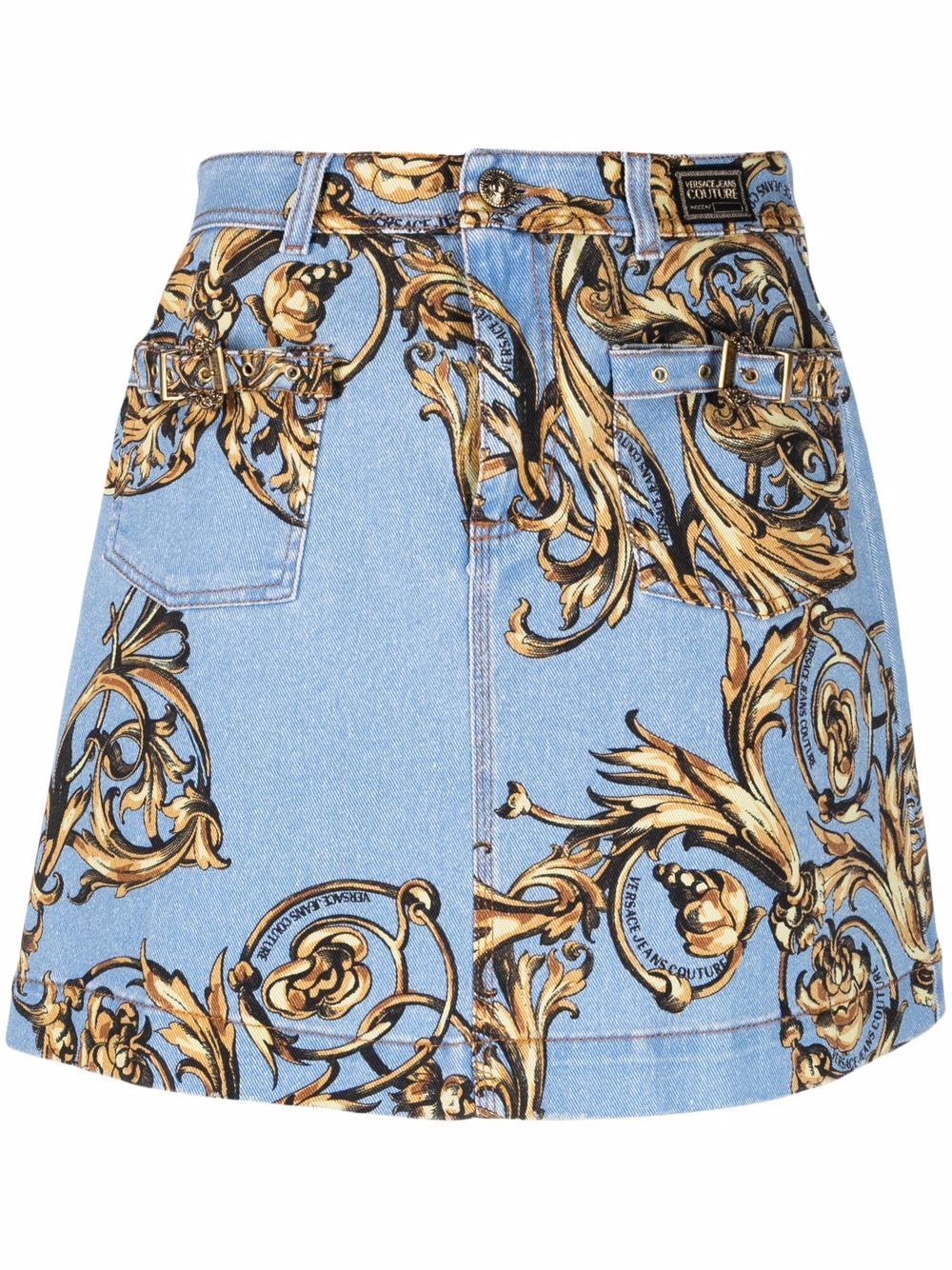 VERSACE WOMEN Baroque Print Denim Skirt - MAISONDEFASHION.COM