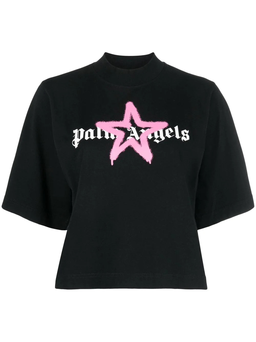 PALM ANGELS WOMEN Star Sprayed Cropped Tee Black/Pink - MAISONDEFASHION.COM