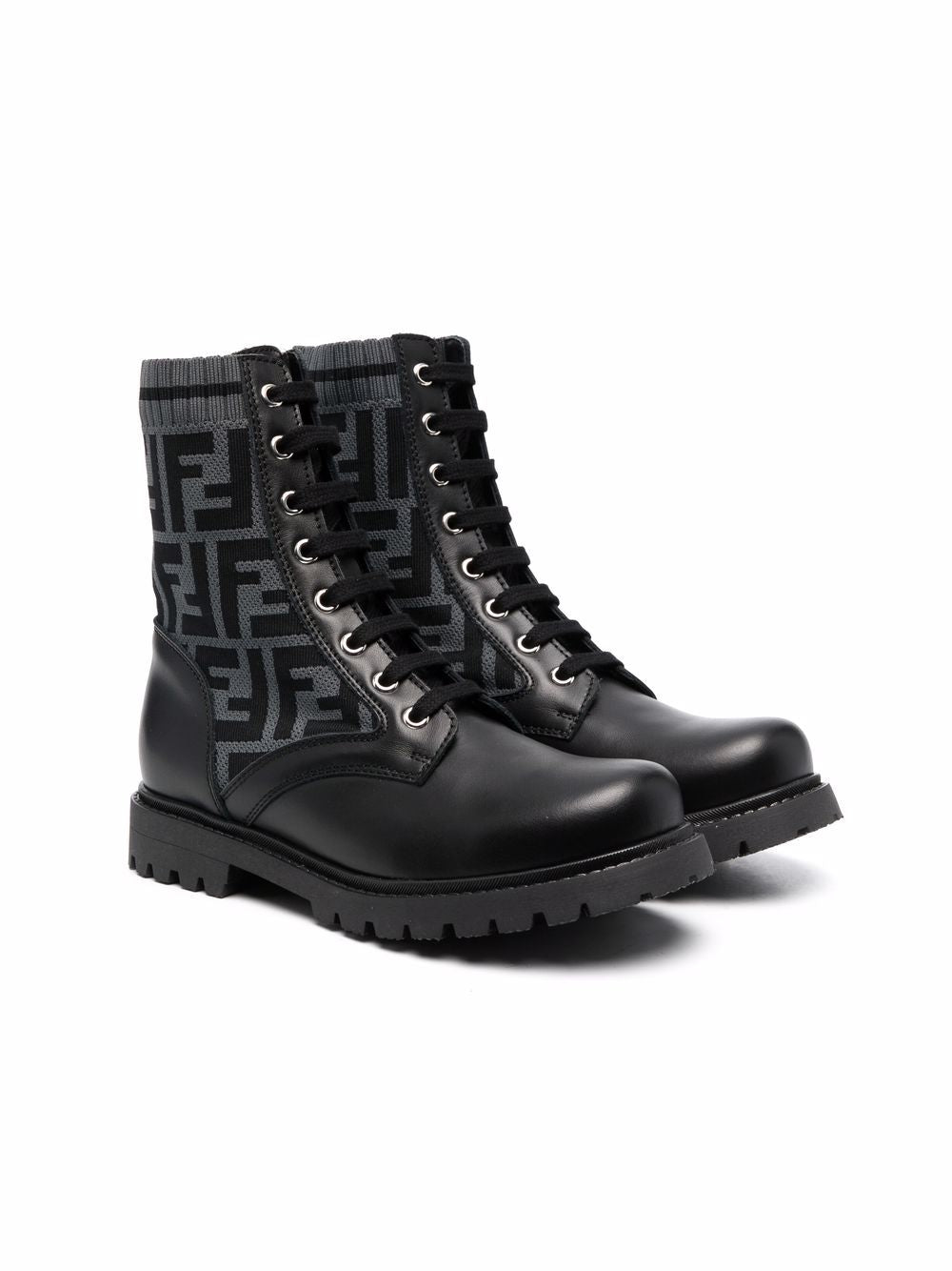 FENDI KIDS FF-motif lace-up boots Black/Grey - MAISONDEFASHION.COM