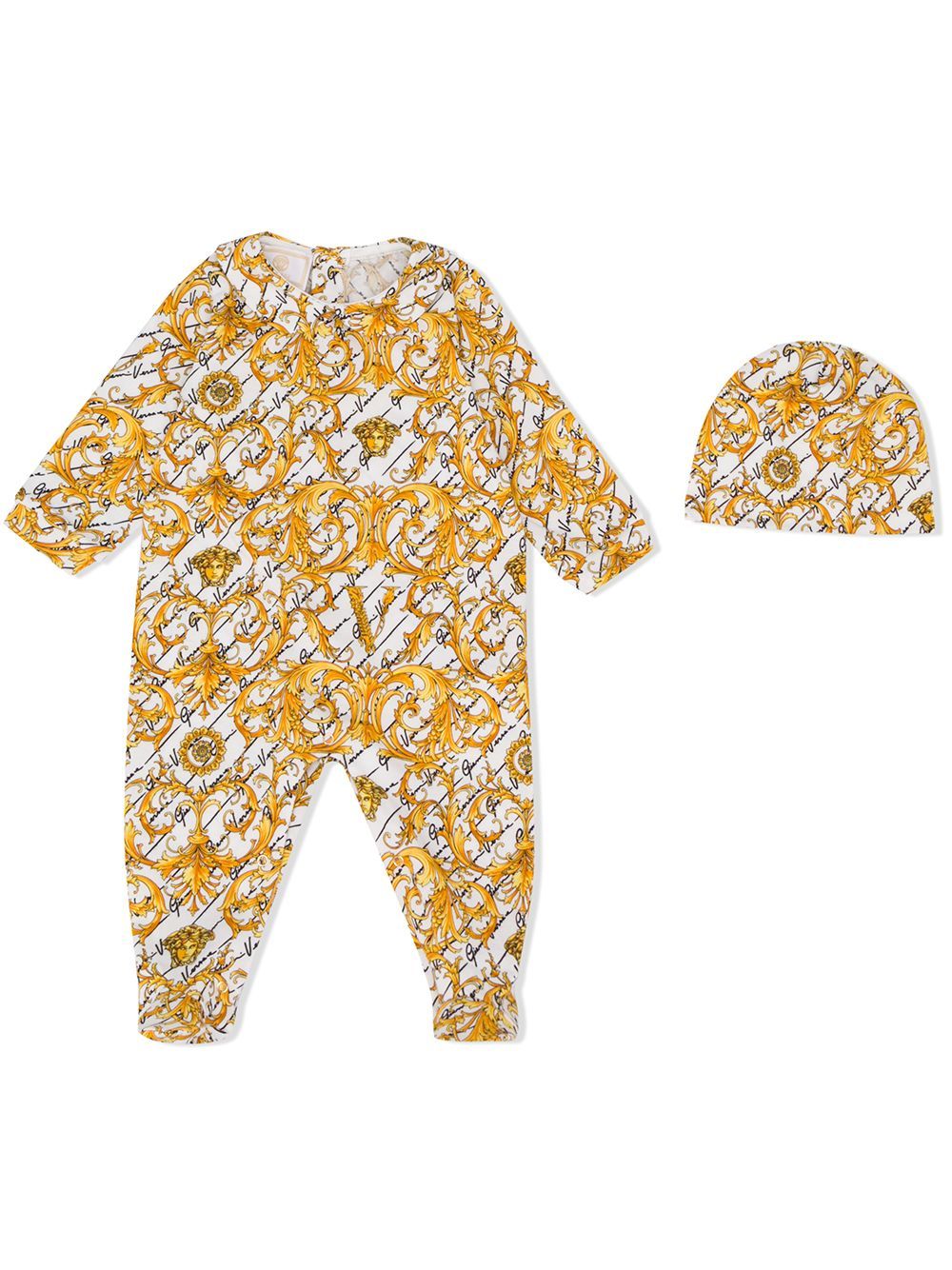 VERSACE KIDS Baroque Print Babygrow Gold/White - Maison De Fashion 