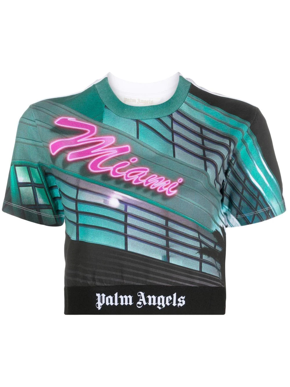 PALM ANGELS WOMEN Miami Cropped Tee White/Multi - MAISONDEFASHION.COM