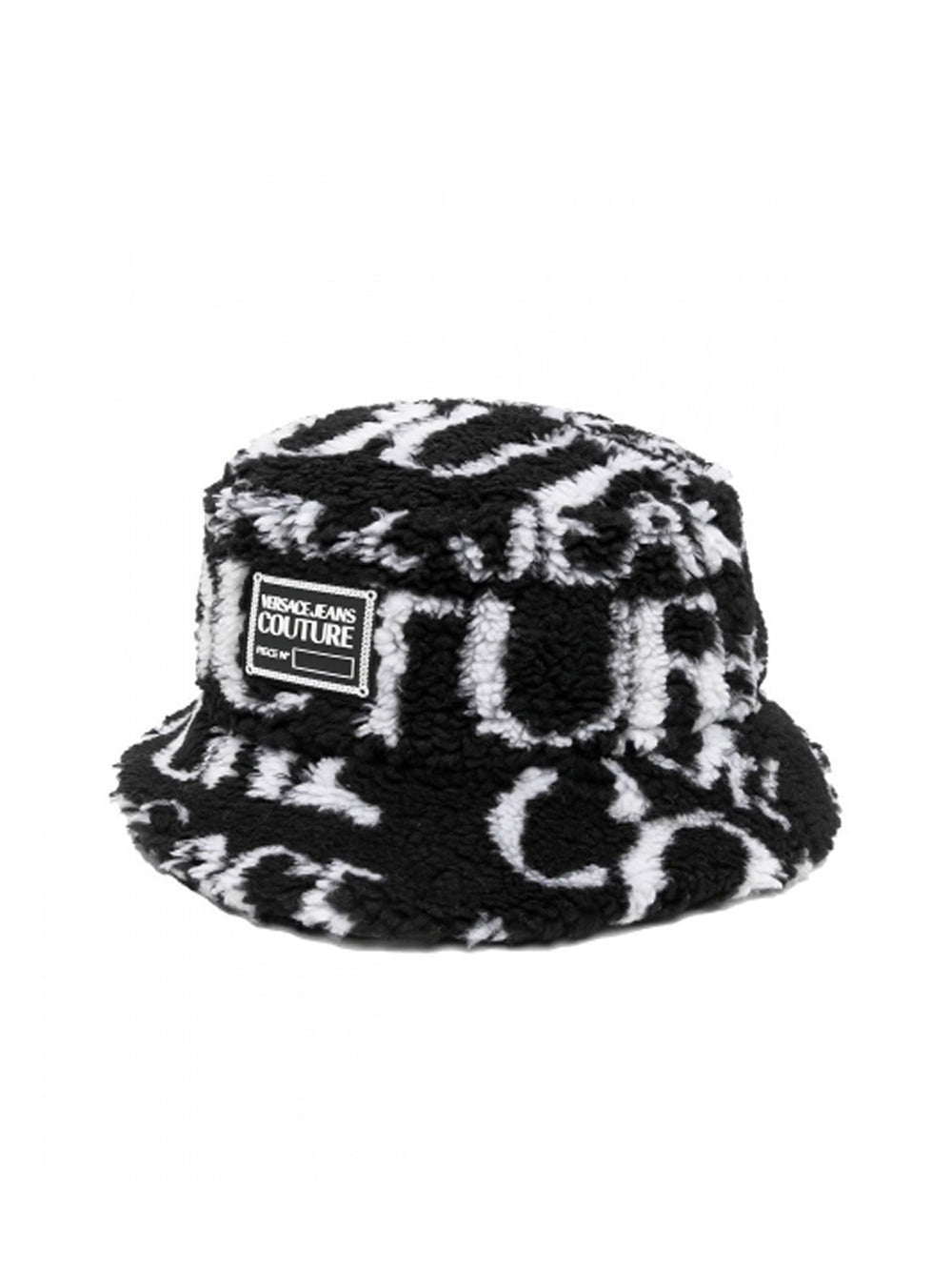 VERSACE All Over Logo Faux Fur Bucket Hat Black/White - MAISONDEFASHION.COM