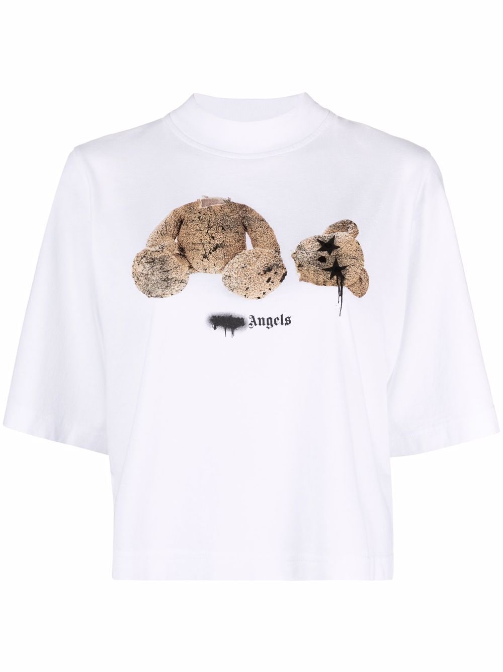 PALM ANGELS WOMEN Sprayed Bear Cropped T-Shirt White - MAISONDEFASHION.COM