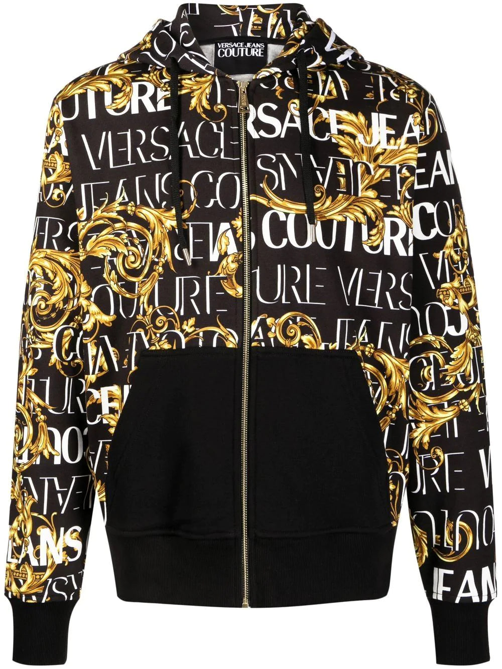 VERSACE Baroque Print Zip Up Hoodie Black - MAISONDEFASHION.COM