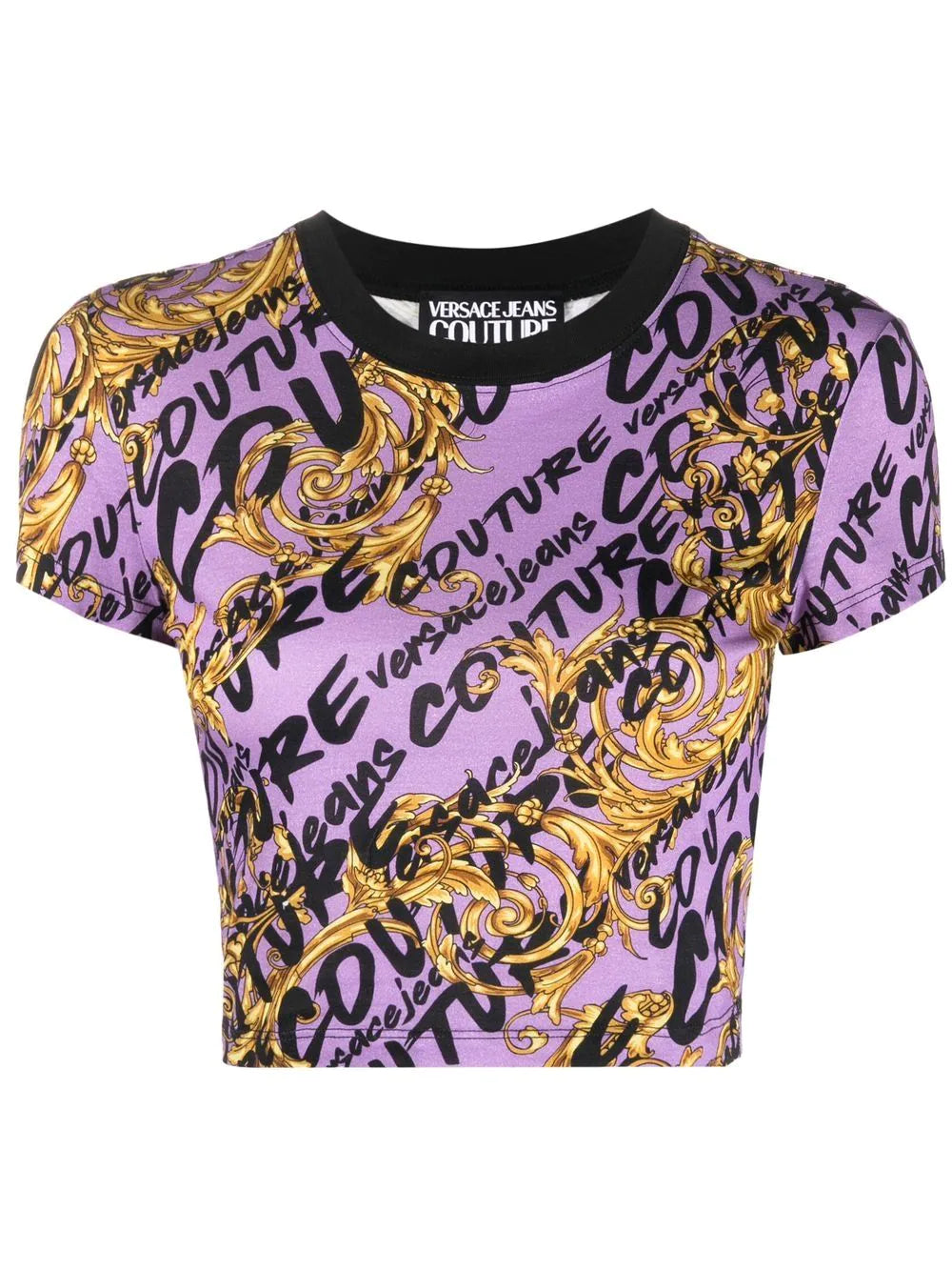 VERSACE WOMEN Baroque Print All Over Logo Cropped T-Shirt Pink - MAISONDEFASHION.COM