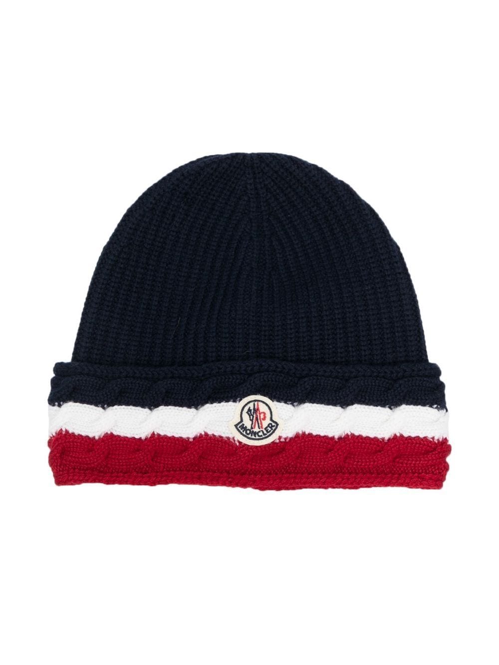 MONCLER KIDS Logo Knitted Beanie Navy - MAISONDEFASHION.COM