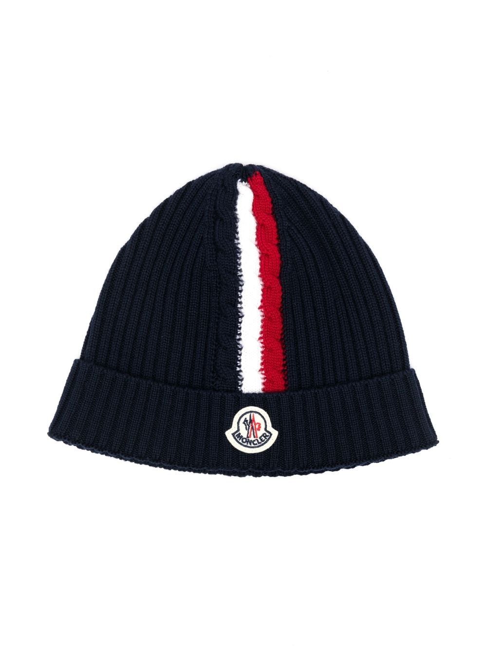 MONCLER KIDS Logo Patch Striped Beanie Navy - MAISONDEFASHION.COM