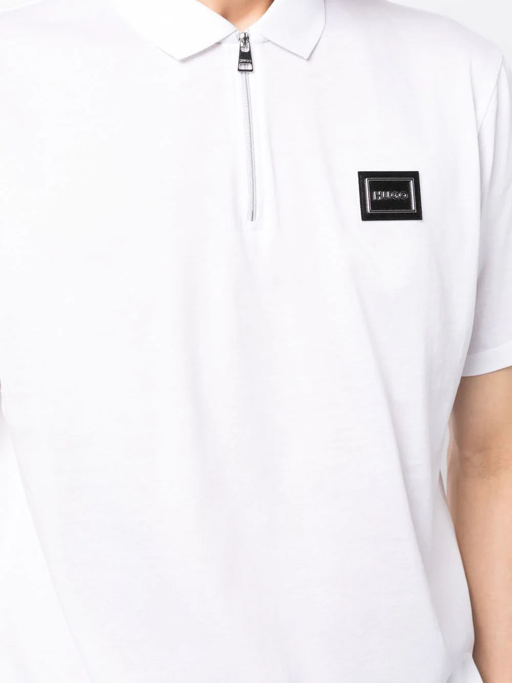 HUGO Logo-plaque Zip-up Polo Shirt White - MAISONDEFASHION.COM