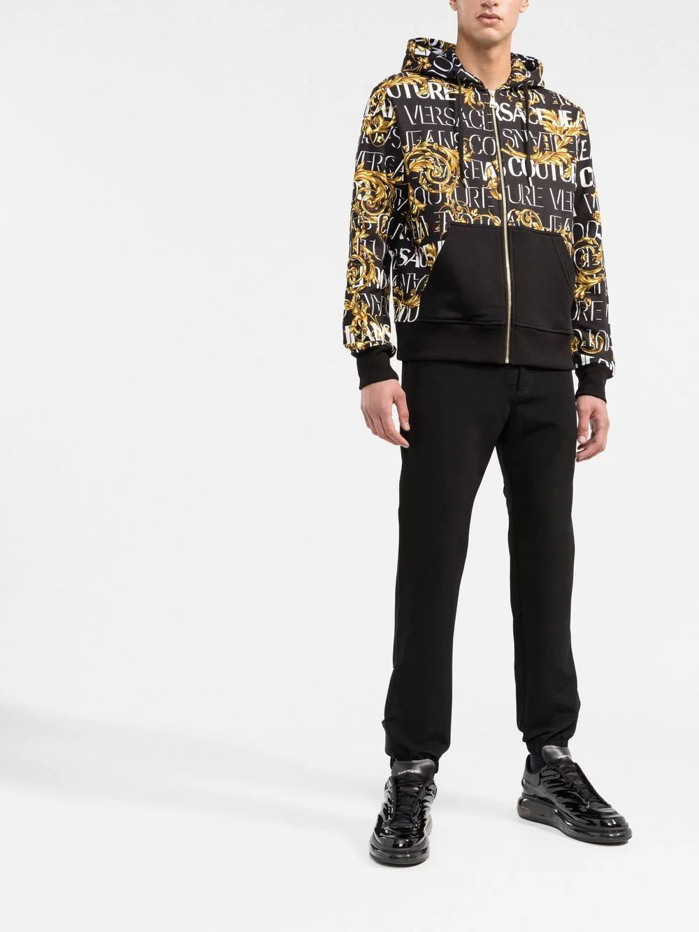 VERSACE Baroque Print Zip Up Hoodie Black - MAISONDEFASHION.COM