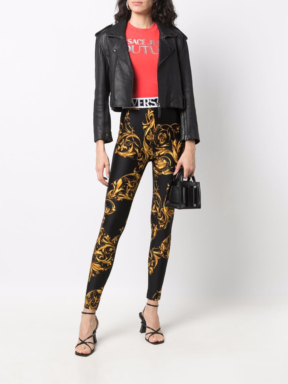 VERSACE WOMEN Baroque Print Logo Waistband Leggings Black - MAISONDEFASHION.COM