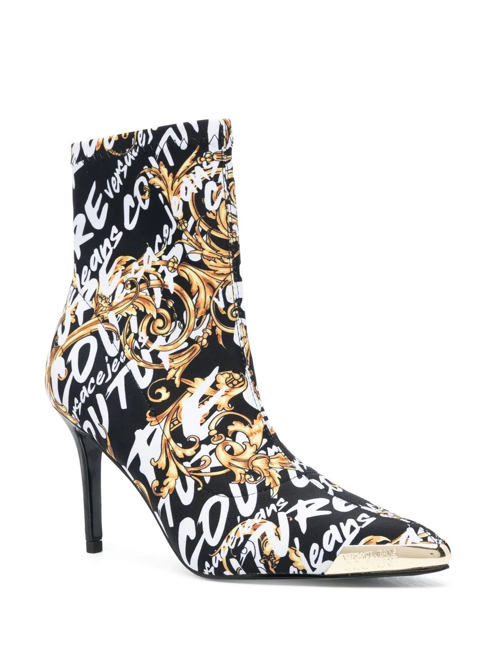 VERSACE WOMEN Baroque Print Heeled Boots Black/Gold - MAISONDEFASHION.COM