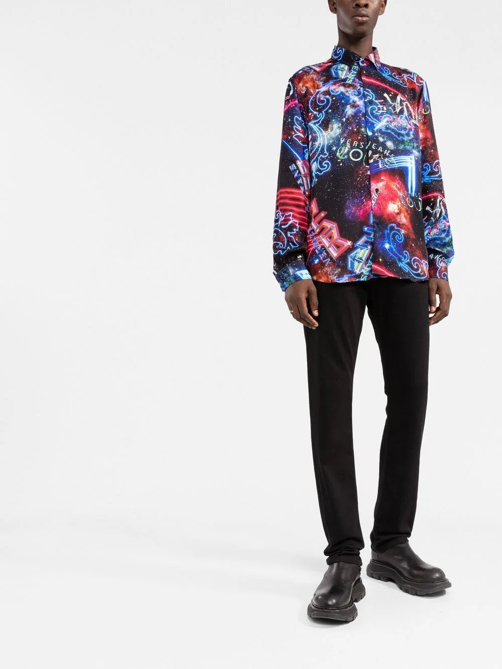 VERSACE Galaxy Print Logo Long Sleeve Shirt Multicolor - MAISONDEFASHION.COM