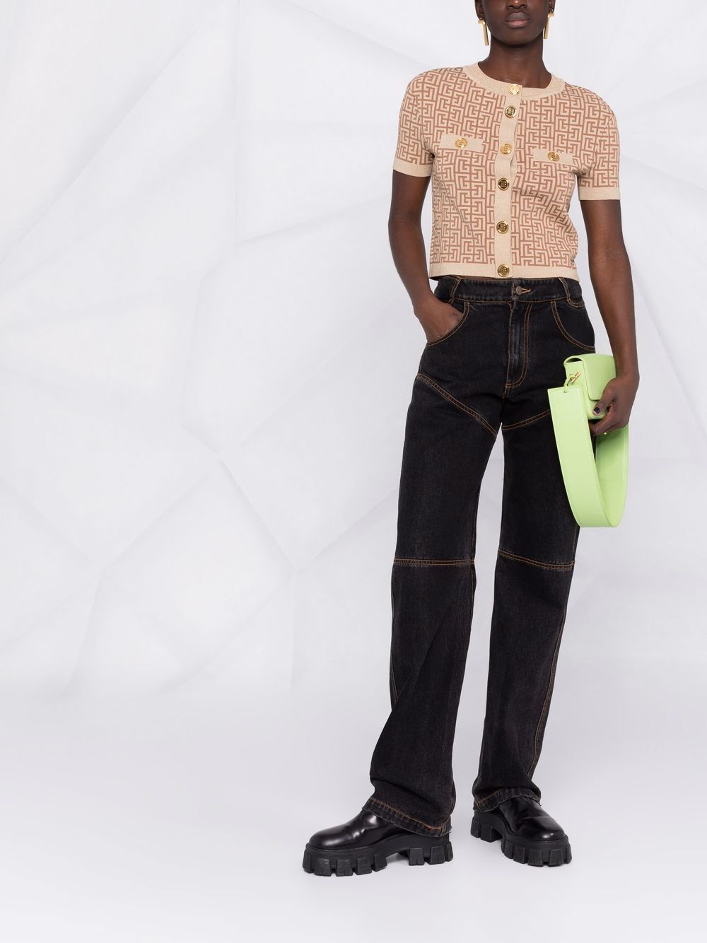 BALMAIN WOMEN Metallic Effect Monogram Cropped Top Brown - MAISONDEFASHION.COM