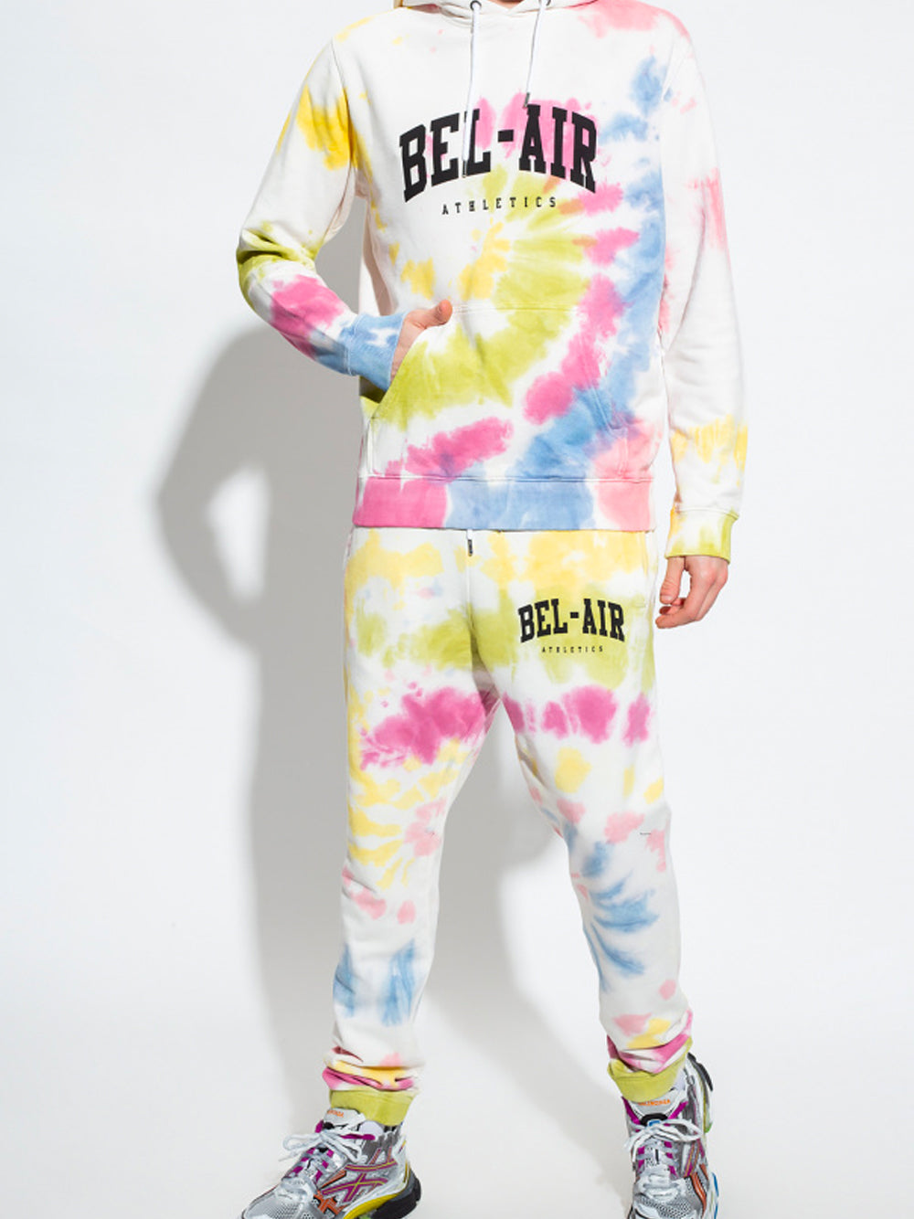 BEL-AIR ATHLETICS Logo Tie-Dye Hoodie White - MAISONDEFASHION.COM