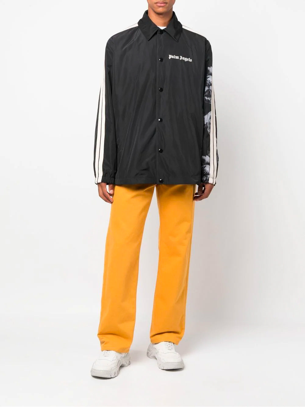 PALM ANGELS Sleeve Print Coach Shirt Jacket Black - MAISONDEFASHION.COM