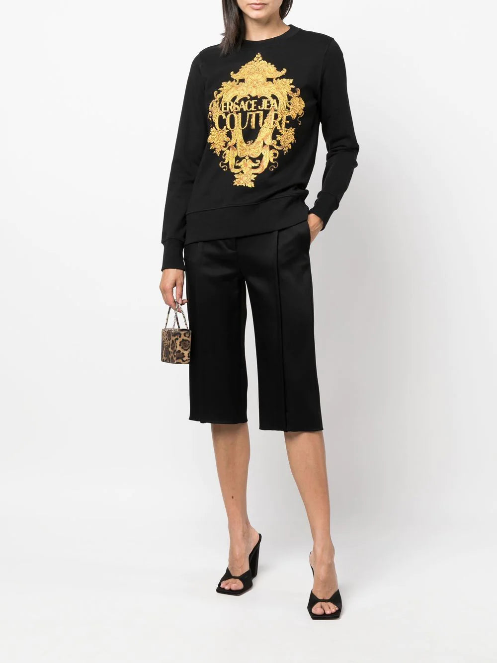 VERSACE WOMEN Baroque Crystal Logo Sweatshirt Black - MAISONDEFASHION.COM