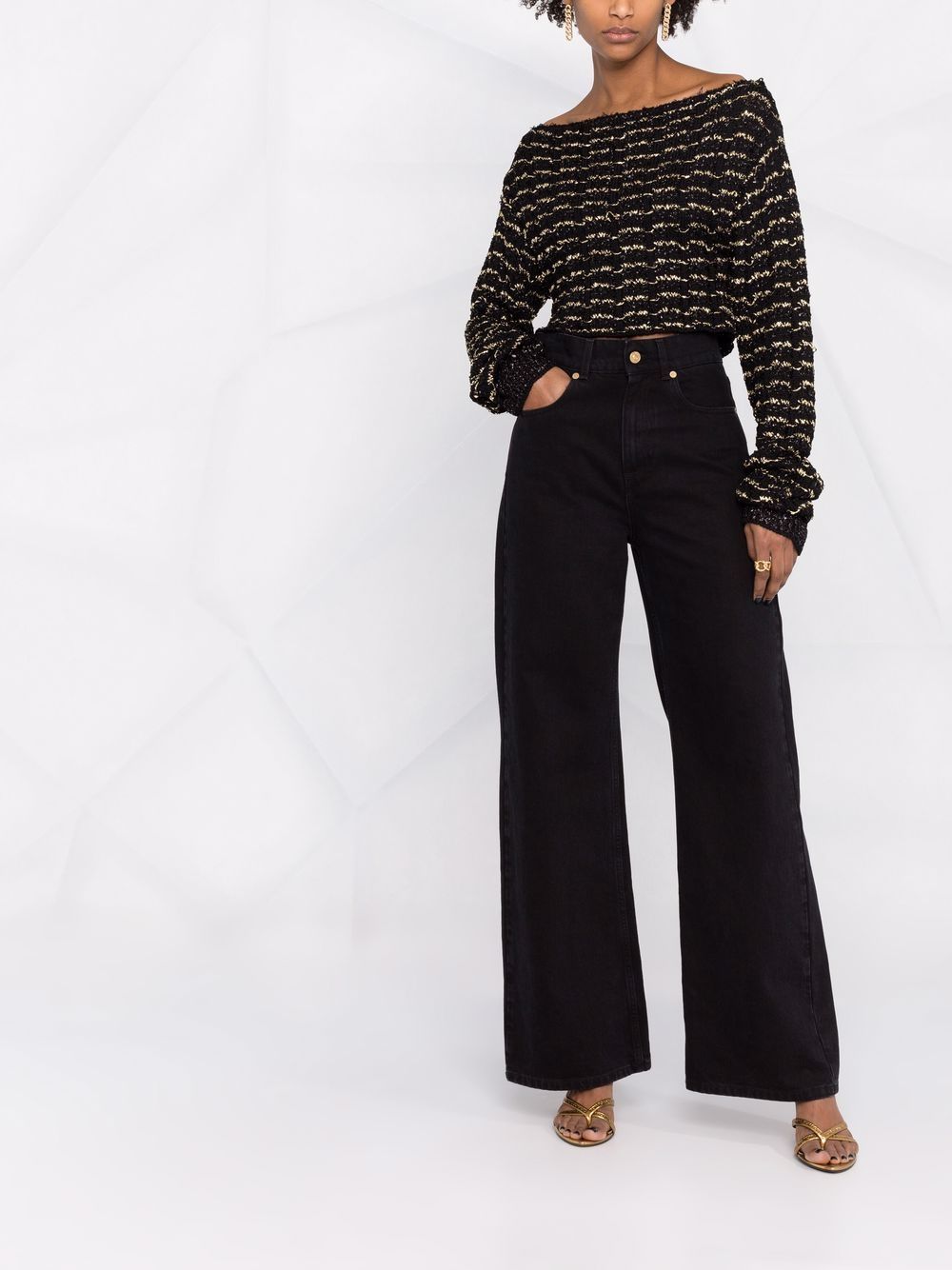 BALMAIN WOMEN  Off-shoulder cropped striped top Black - MAISONDEFASHION.COM