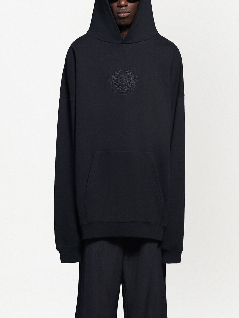BALENCIAGA  Logo crest-embroidered hoodie Black - MAISONDEFASHION.COM