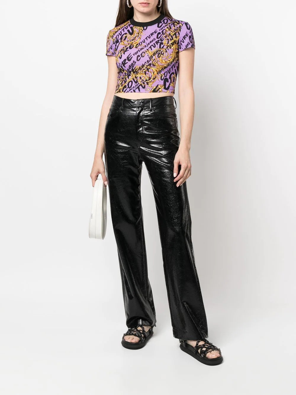 VERSACE WOMEN Baroque Print All Over Logo Cropped T-Shirt Pink - MAISONDEFASHION.COM