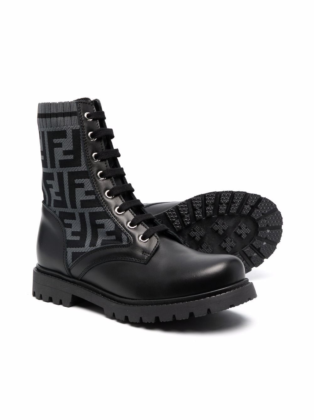 FENDI KIDS FF-motif lace-up boots Black/Grey - MAISONDEFASHION.COM