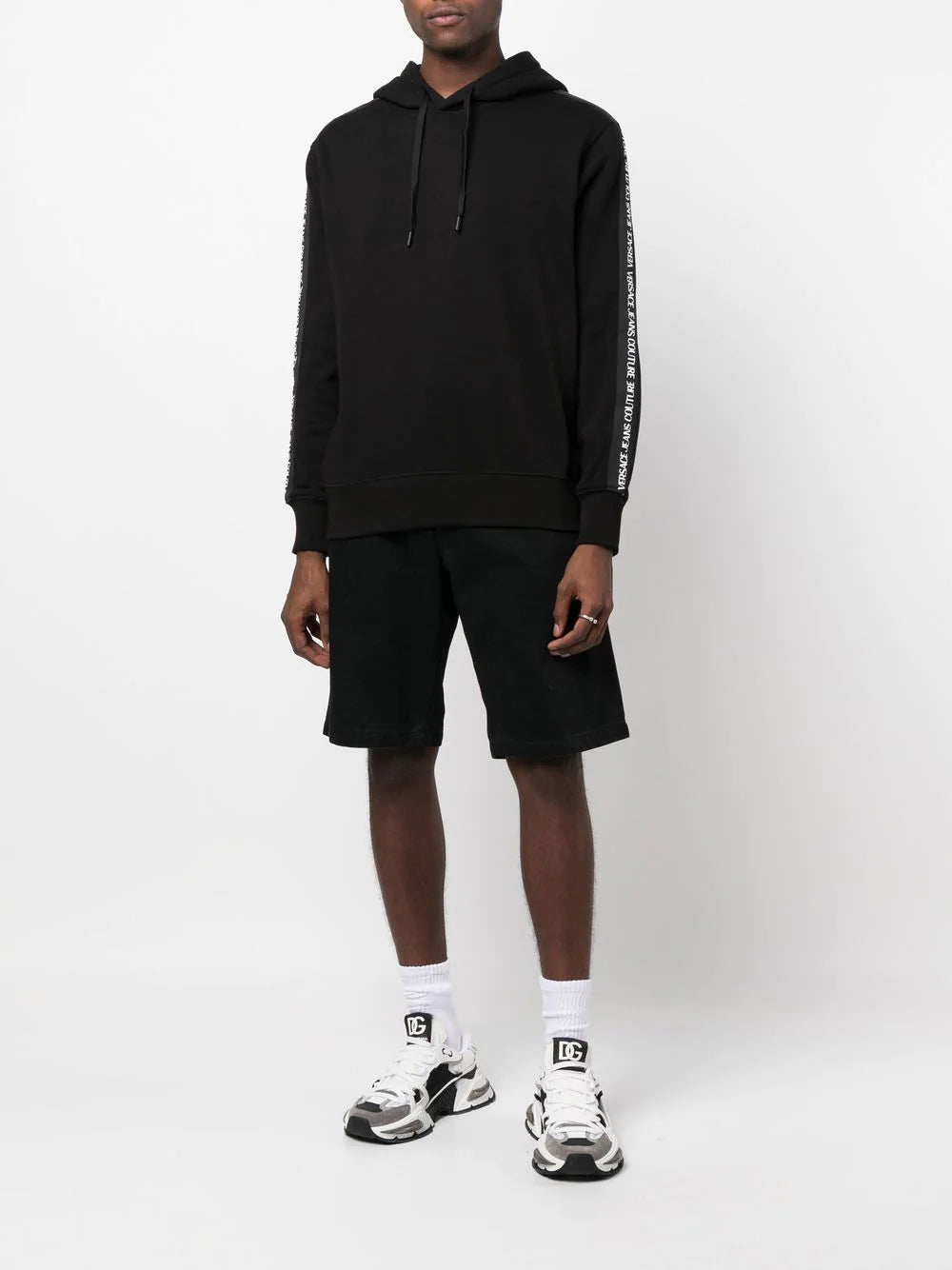 VERSACE Logo Tape Hoodie Black/White - MAISONDEFASHION.COM